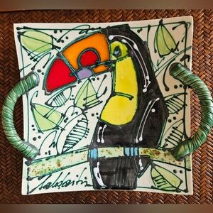 Rasa Saldaitis Art Studio Pottery Platter Wall Decor Toucan Bird Tropical